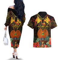 Papua New Guinea Western Province Couples Matching Off The Shoulder Long Sleeve Dress and Hawaiian Shirt Papua Niugini Coat Of Arms With Flag Style LT14 - Polynesian Pride