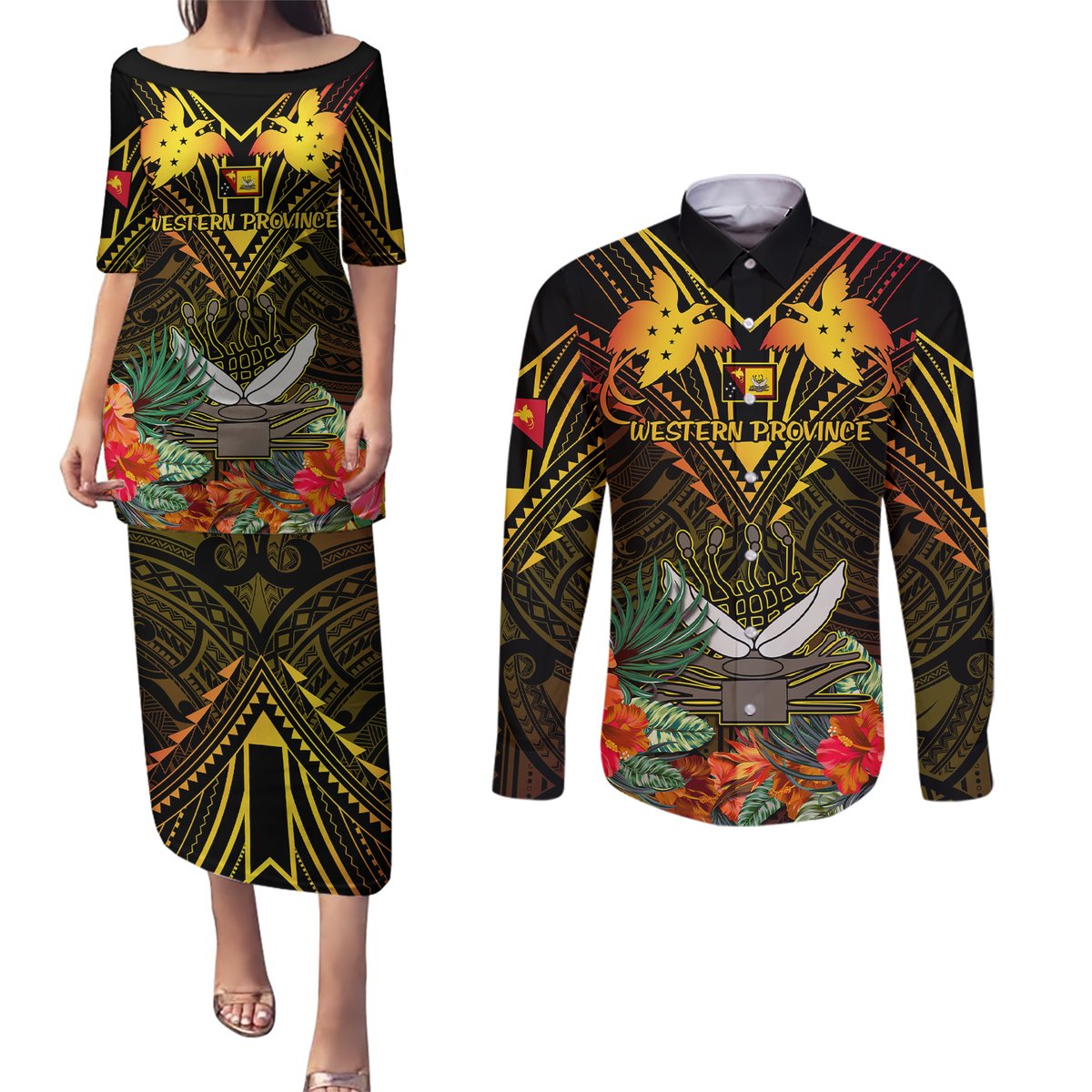 Papua New Guinea Western Province Couples Matching Puletasi Dress and Long Sleeve Button Shirts Papua Niugini Coat Of Arms With Flag Style LT14 Black - Polynesian Pride