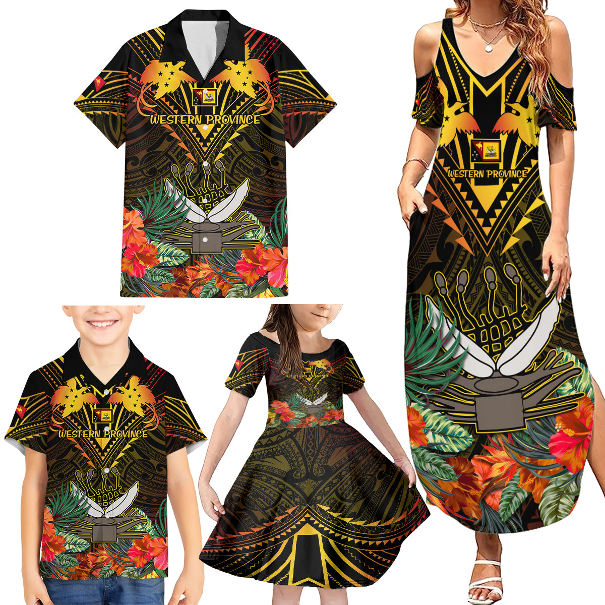 Papua New Guinea Western Province Family Matching Summer Maxi Dress and Hawaiian Shirt Papua Niugini Coat Of Arms With Flag Style LT14 - Polynesian Pride