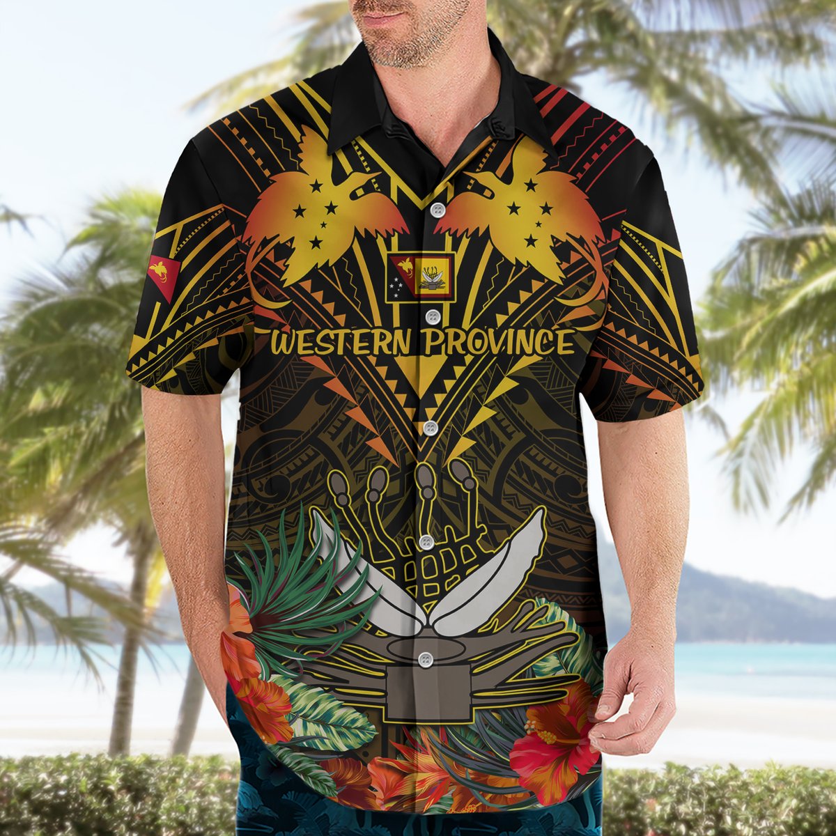 Papua New Guinea Western Province Hawaiian Shirt Papua Niugini Coat Of Arms With Flag Style LT14 - Polynesian Pride