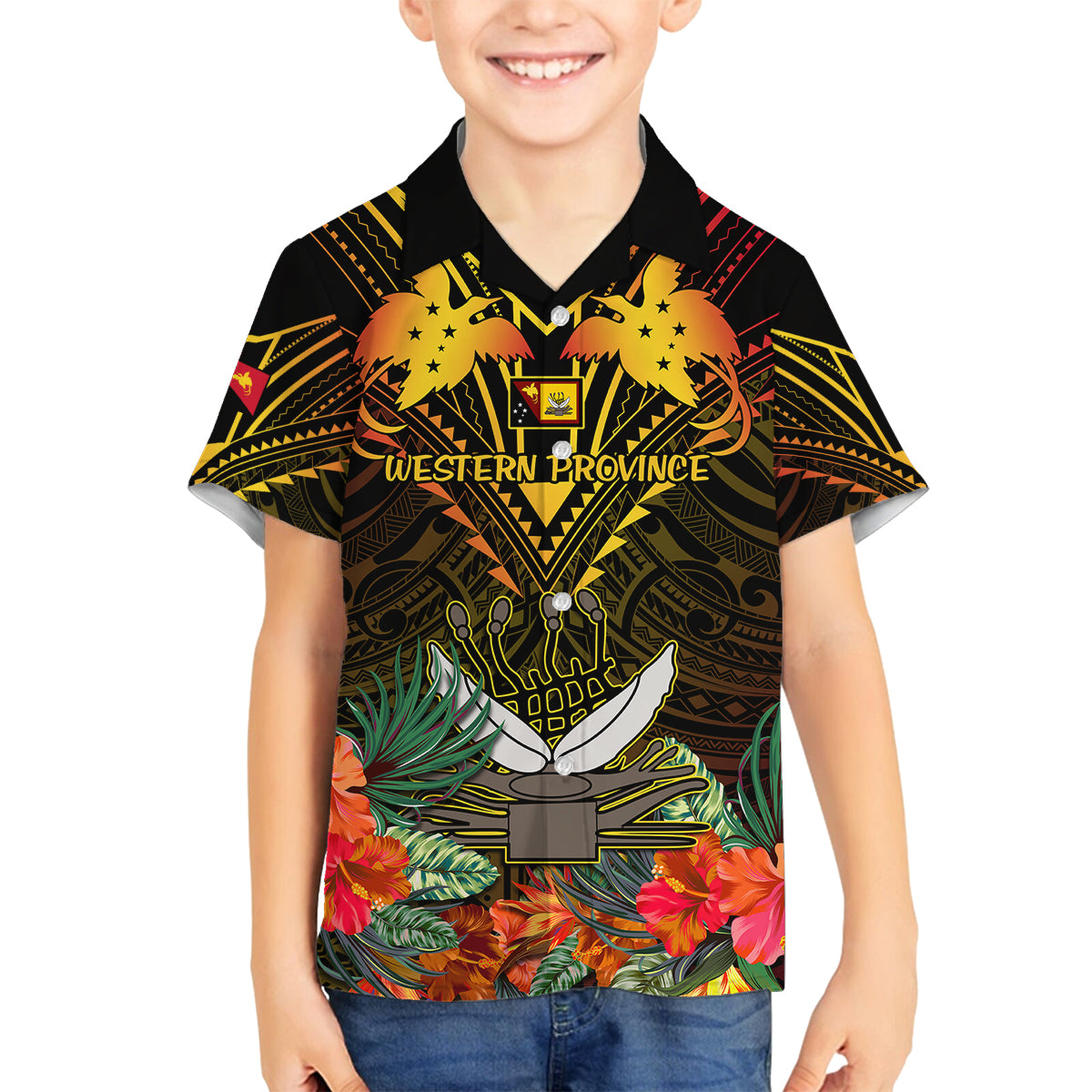 Papua New Guinea Western Province Kid Hawaiian Shirt Papua Niugini Coat Of Arms With Flag Style LT14 - Polynesian Pride