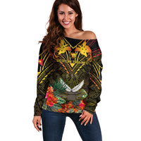 Papua New Guinea Western Province Off Shoulder Sweater Papua Niugini Coat Of Arms With Flag Style LT14 Women Black - Polynesian Pride