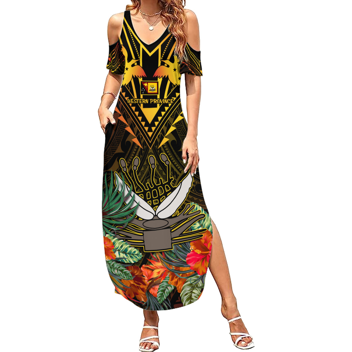 Papua New Guinea Western Province Summer Maxi Dress Papua Niugini Coat Of Arms With Flag Style LT14 Women Black - Polynesian Pride
