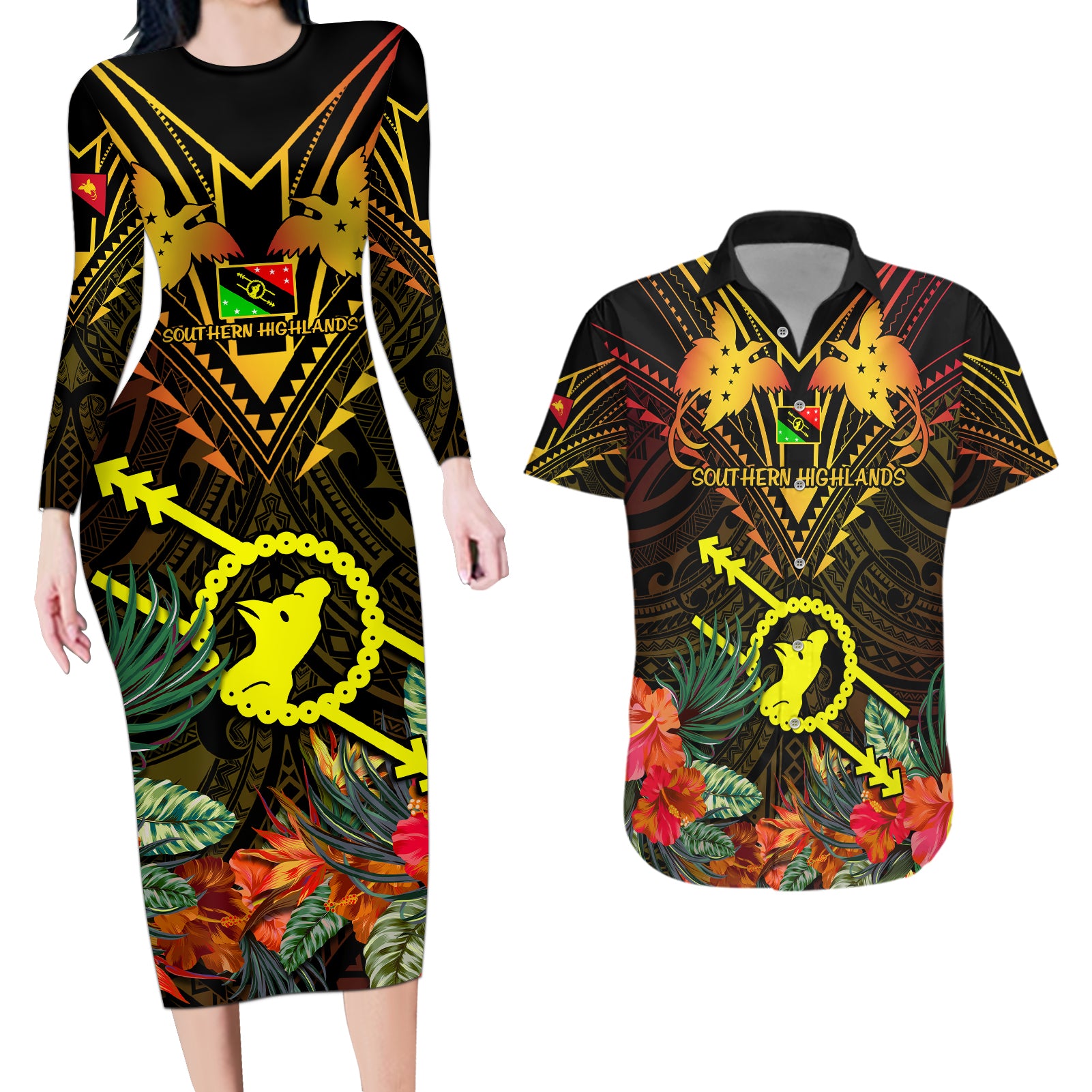 Papua New Guinea Southern Highlands Province Couples Matching Long Sleeve Bodycon Dress and Hawaiian Shirt Papua Niugini Coat Of Arms With Flag Style LT14 Black - Polynesian Pride