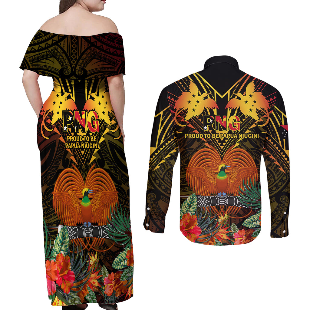 Papua New Guinea Southern Highlands Province Couples Matching Off Shoulder Maxi Dress and Long Sleeve Button Shirts Papua Niugini Coat Of Arms With Flag Style LT14 - Polynesian Pride