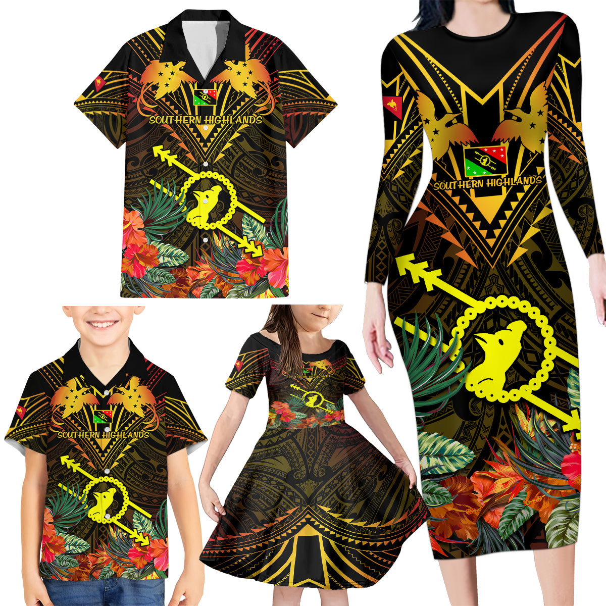 Papua New Guinea Southern Highlands Province Family Matching Long Sleeve Bodycon Dress and Hawaiian Shirt Papua Niugini Coat Of Arms With Flag Style LT14 - Polynesian Pride