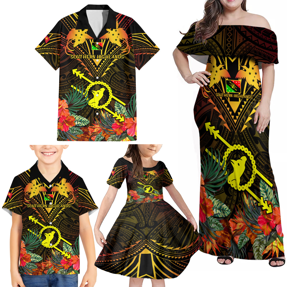 Papua New Guinea Southern Highlands Province Family Matching Off Shoulder Maxi Dress and Hawaiian Shirt Papua Niugini Coat Of Arms With Flag Style LT14 - Polynesian Pride