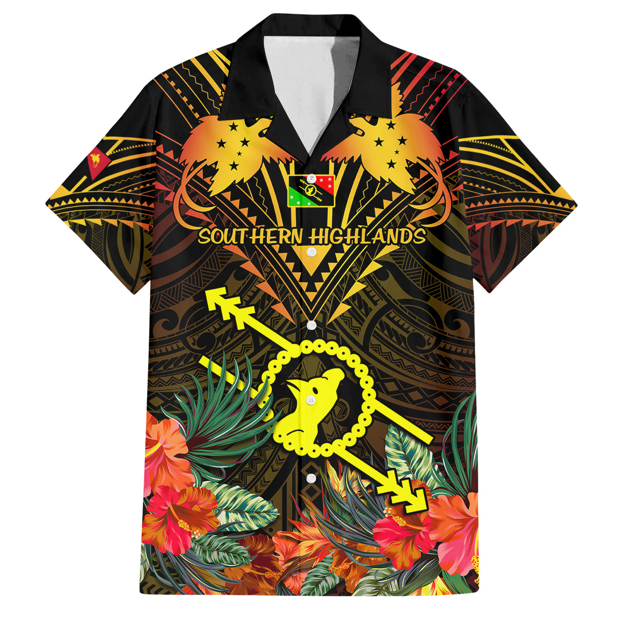 Papua New Guinea Southern Highlands Province Family Matching Summer Maxi Dress and Hawaiian Shirt Papua Niugini Coat Of Arms With Flag Style LT14 Dad's Shirt - Short Sleeve Black - Polynesian Pride