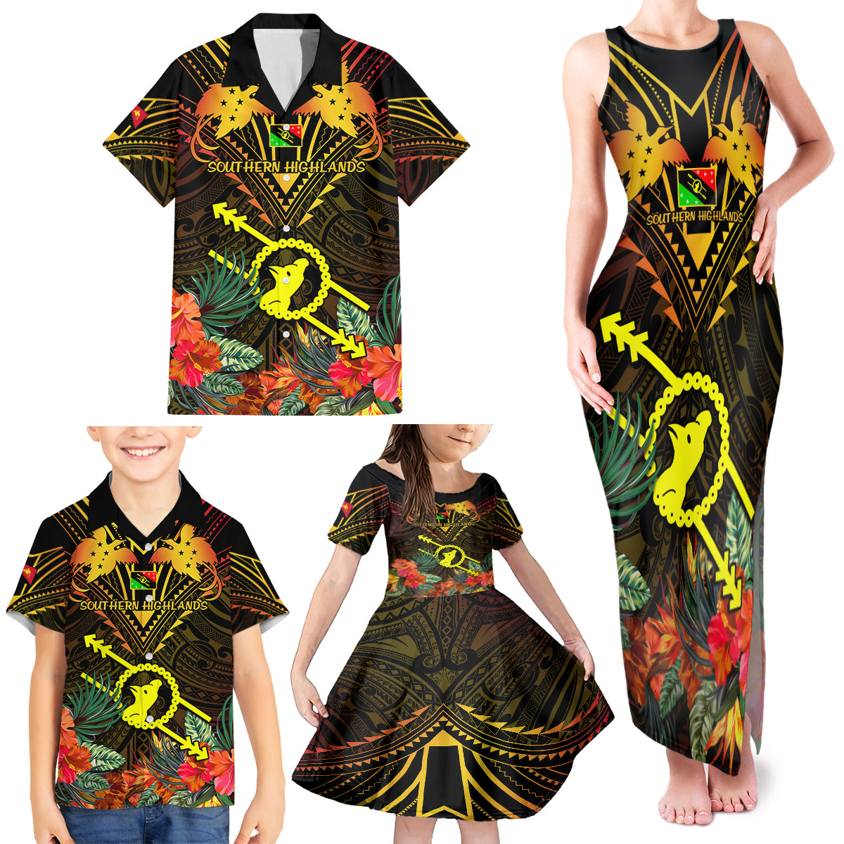 Papua New Guinea Southern Highlands Province Family Matching Tank Maxi Dress and Hawaiian Shirt Papua Niugini Coat Of Arms With Flag Style LT14 - Polynesian Pride