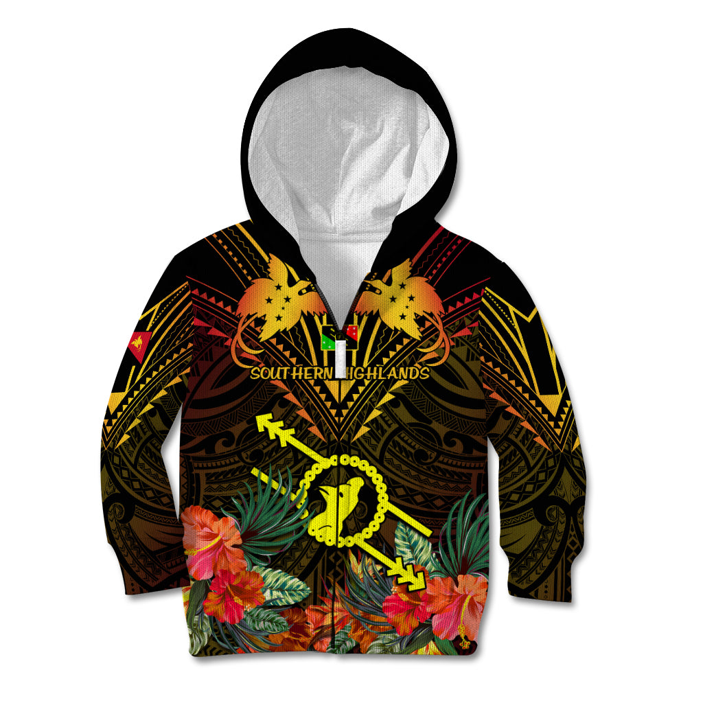 Papua New Guinea Southern Highlands Province Kid Hoodie Papua Niugini Coat Of Arms With Flag Style LT14 Zip Hoodie Black - Polynesian Pride