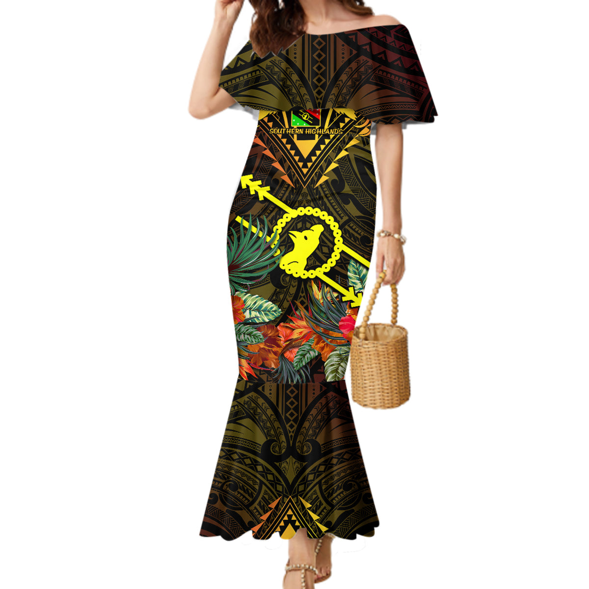 Papua New Guinea Southern Highlands Province Mermaid Dress Papua Niugini Coat Of Arms With Flag Style LT14 Women Black - Polynesian Pride