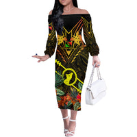 Papua New Guinea Southern Highlands Province Off The Shoulder Long Sleeve Dress Papua Niugini Coat Of Arms With Flag Style LT14 Women Black - Polynesian Pride
