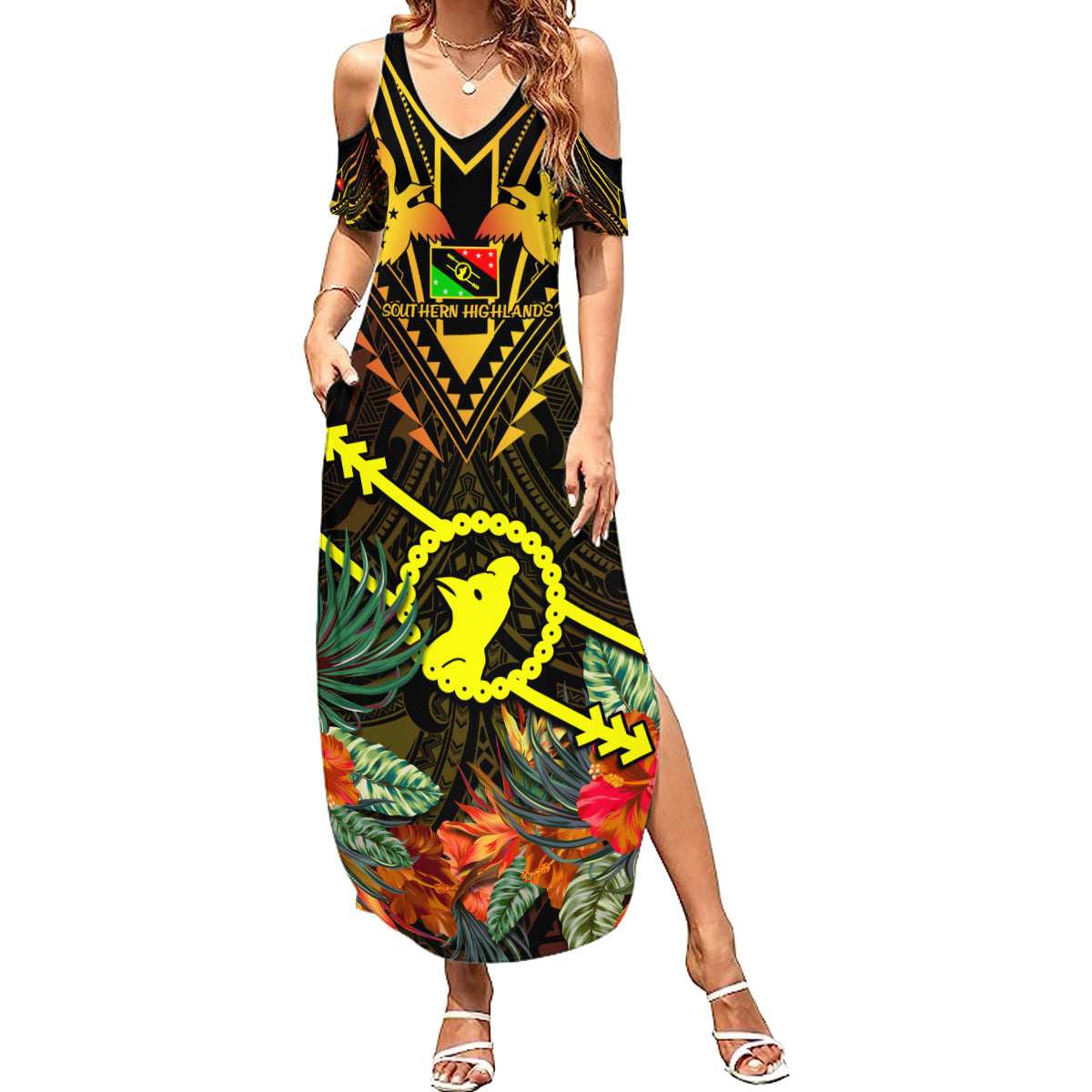 Papua New Guinea Southern Highlands Province Summer Maxi Dress Papua Niugini Coat Of Arms With Flag Style LT14 Women Black - Polynesian Pride
