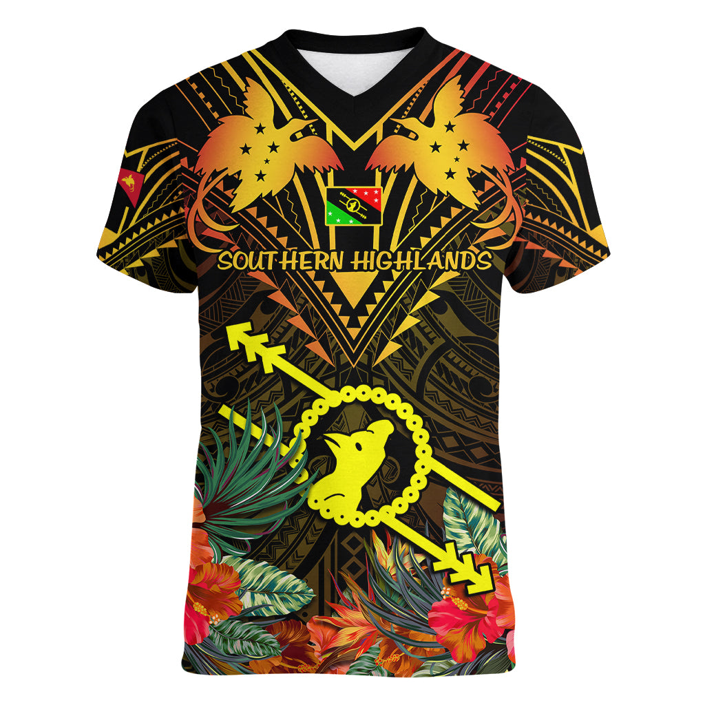 Papua New Guinea Southern Highlands Province Women V Neck T Shirt Papua Niugini Coat Of Arms With Flag Style LT14 Female Black - Polynesian Pride