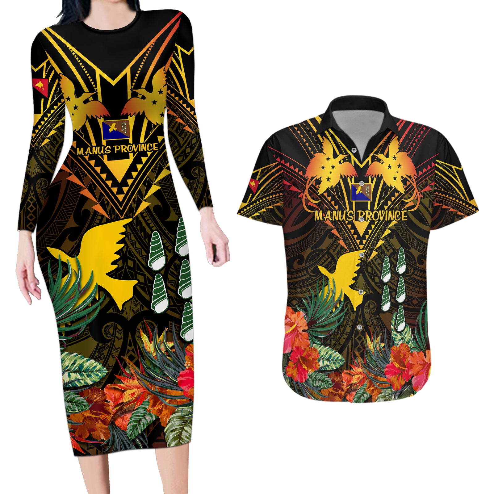 Papua New Guinea Manus Province Couples Matching Long Sleeve Bodycon Dress and Hawaiian Shirt Papua Niugini Coat Of Arms With Flag Style LT14 Black - Polynesian Pride