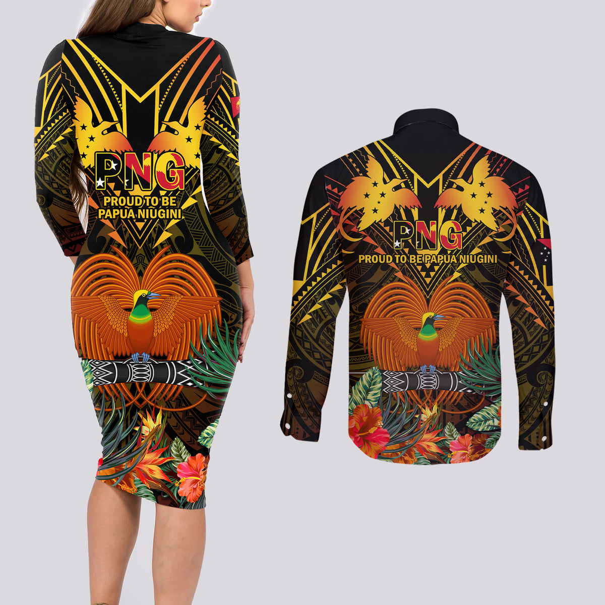 papua-new-guinea-manus-province-couples-matching-long-sleeve-bodycon-dress-and-long-sleeve-button-shirts-papua-niugini-coat-of-arms-with-flag-style