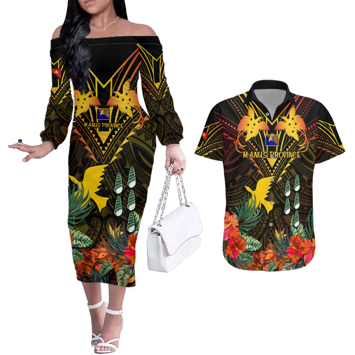 papua-new-guinea-manus-province-couples-matching-off-the-shoulder-long-sleeve-dress-and-hawaiian-shirt-papua-niugini-coat-of-arms-with-flag-style