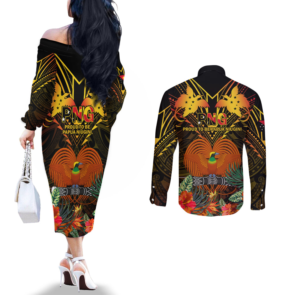 papua-new-guinea-manus-province-couples-matching-off-the-shoulder-long-sleeve-dress-and-long-sleeve-button-shirts-papua-niugini-coat-of-arms-with-flag-style