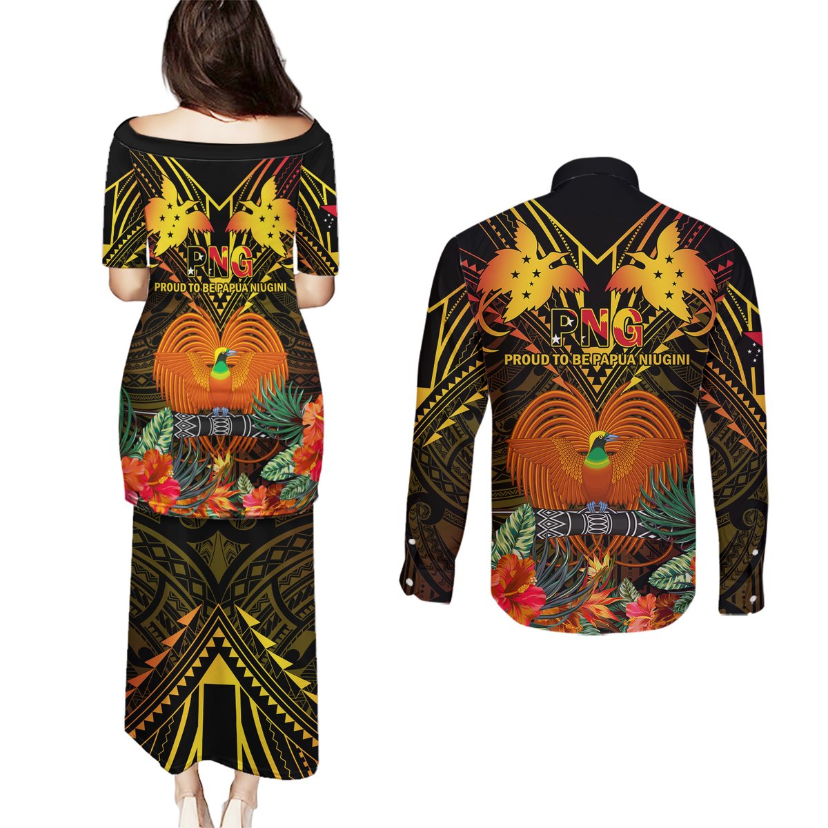 papua-new-guinea-manus-province-couples-matching-puletasi-dress-and-long-sleeve-button-shirts-papua-niugini-coat-of-arms-with-flag-style