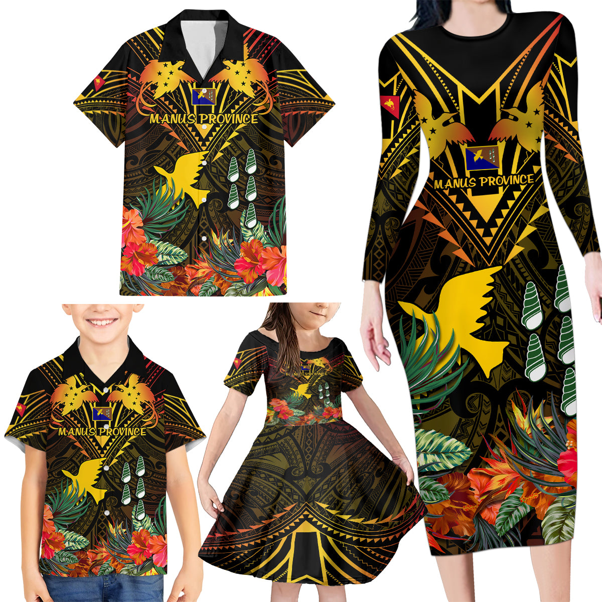 Papua New Guinea Manus Province Family Matching Long Sleeve Bodycon Dress and Hawaiian Shirt Papua Niugini Coat Of Arms With Flag Style LT14 - Polynesian Pride