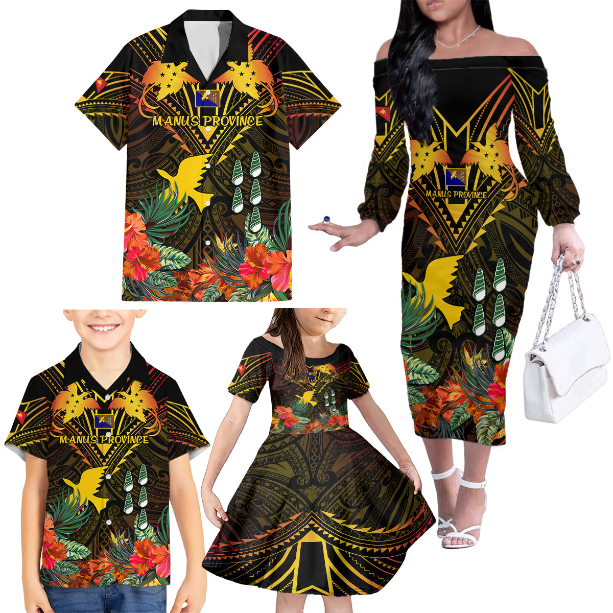 papua-new-guinea-manus-province-family-matching-off-shoulder-long-sleeve-dress-and-hawaiian-shirt-papua-niugini-coat-of-arms-with-flag-style