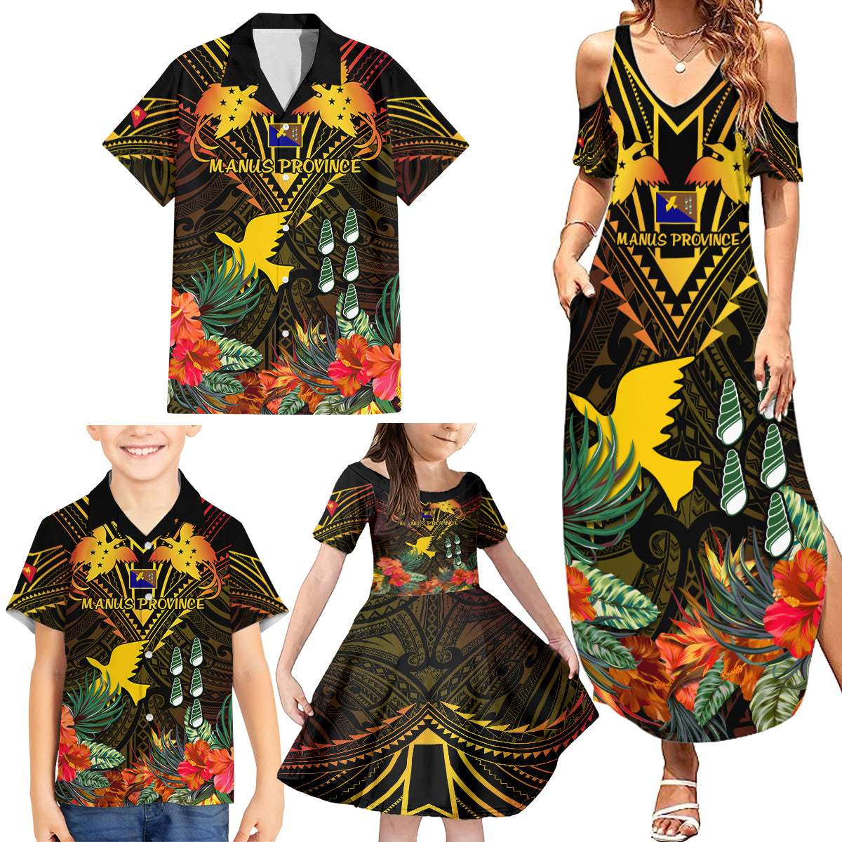 papua-new-guinea-manus-province-family-matching-summer-maxi-dress-and-hawaiian-shirt-papua-niugini-coat-of-arms-with-flag-style