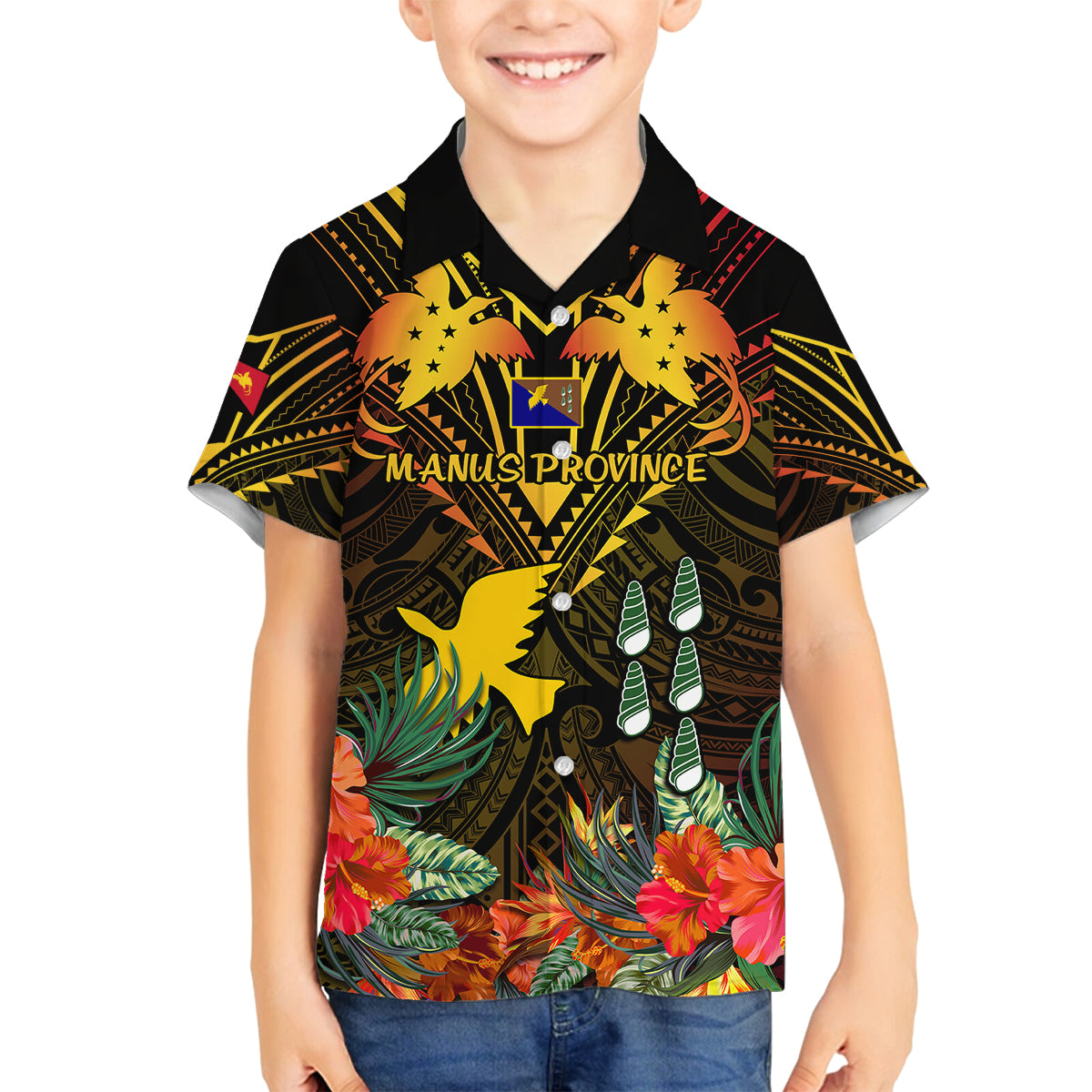 Papua New Guinea Manus Province Kid Hawaiian Shirt Papua Niugini Coat Of Arms With Flag Style LT14 - Polynesian Pride