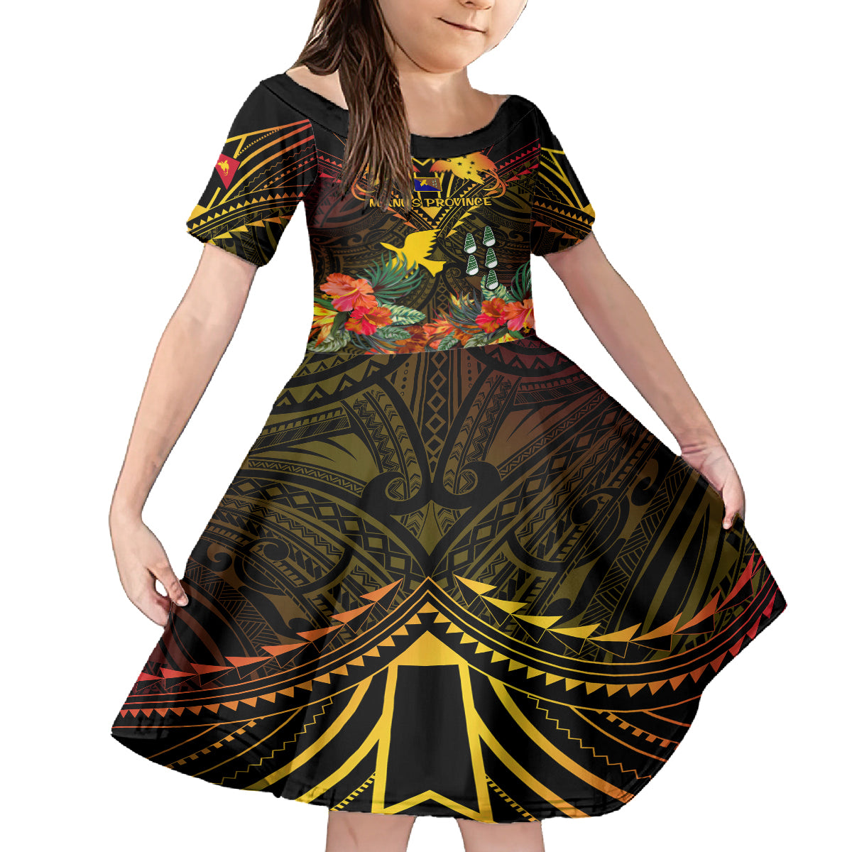 Papua New Guinea Manus Province Kid Short Sleeve Dress Papua Niugini Coat Of Arms With Flag Style LT14 KID Black - Polynesian Pride
