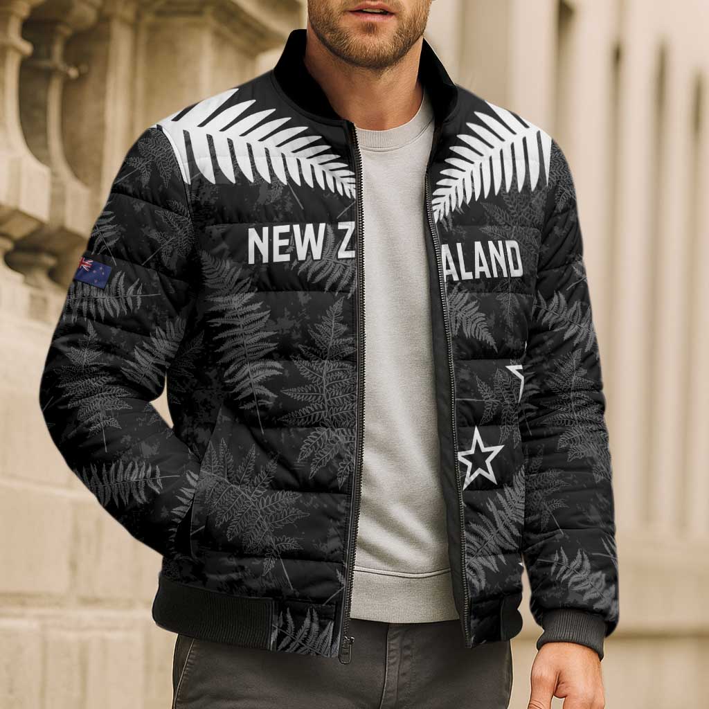 Custom New Zealand Silver Fern Football Bomber Puffer Jacket Go Aotearoa Grunge Black - Polynesian Pride