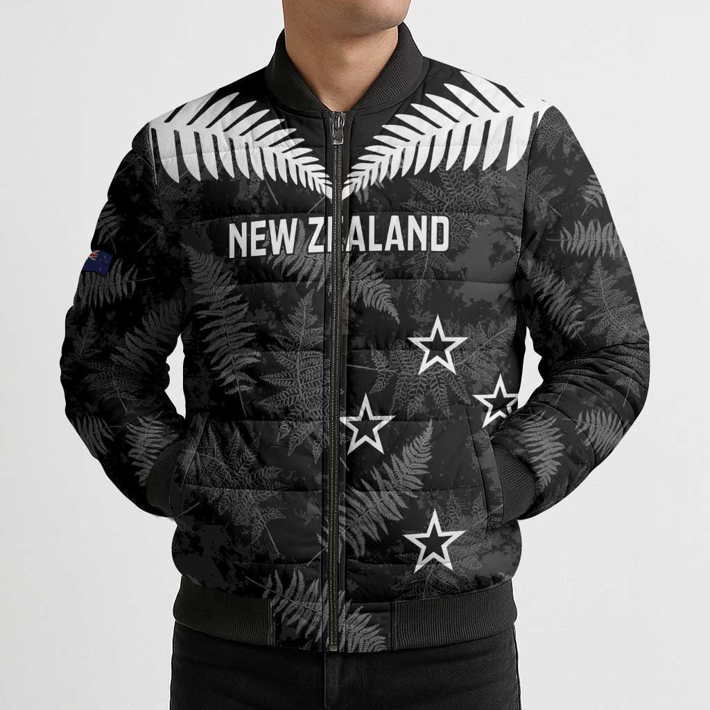 Custom New Zealand Silver Fern Football Bomber Puffer Jacket Go Aotearoa Grunge Black - Polynesian Pride
