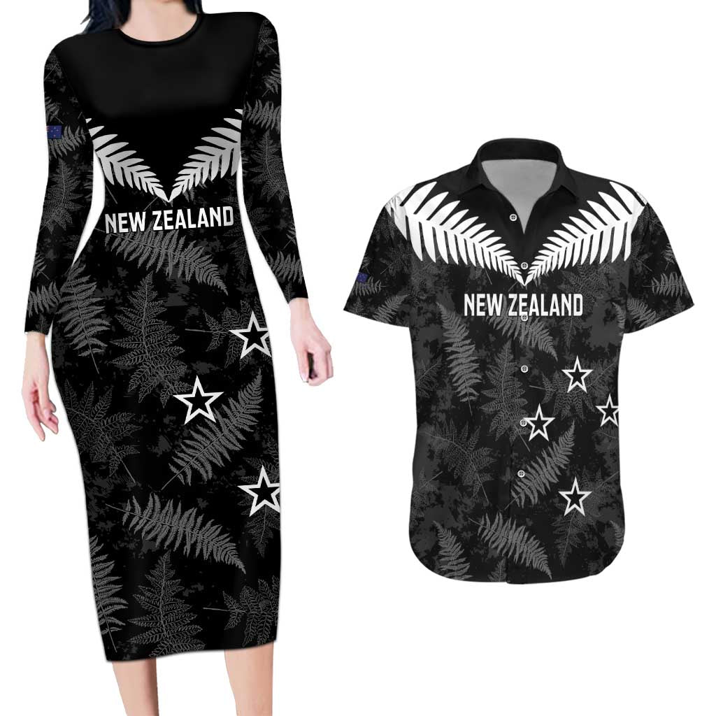 Custom New Zealand Silver Fern Football Couples Matching Long Sleeve Bodycon Dress and Hawaiian Shirt Go Aotearoa Grunge Black - Polynesian Pride