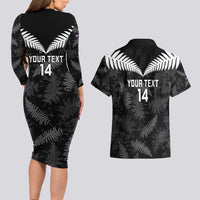 Custom New Zealand Silver Fern Football Couples Matching Long Sleeve Bodycon Dress and Hawaiian Shirt Go Aotearoa Grunge Black - Polynesian Pride