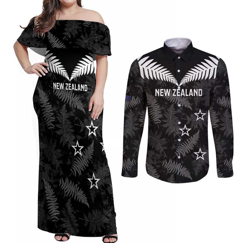 Custom New Zealand Silver Fern Football Couples Matching Off Shoulder Maxi Dress and Long Sleeve Button Shirt Go Aotearoa Grunge Black - Polynesian Pride