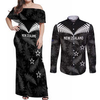 Custom New Zealand Silver Fern Football Couples Matching Off Shoulder Maxi Dress and Long Sleeve Button Shirt Go Aotearoa Grunge Black - Polynesian Pride