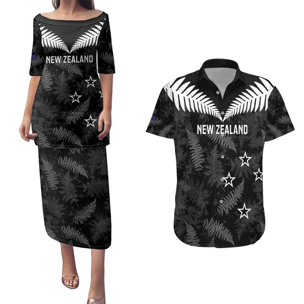 Custom New Zealand Silver Fern Football Couples Matching Puletasi and Hawaiian Shirt Go Aotearoa Grunge Black - Polynesian Pride