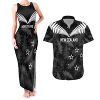 Custom New Zealand Silver Fern Football Couples Matching Tank Maxi Dress and Hawaiian Shirt Go Aotearoa Grunge Black - Polynesian Pride