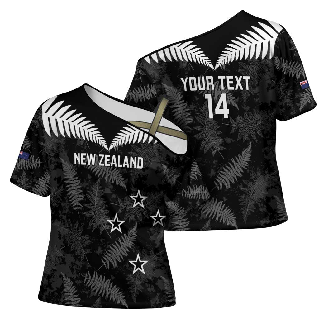 Custom New Zealand Silver Fern Football Cross Shoulder Shirt Go Aotearoa Grunge Black - Polynesian Pride