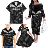 Custom New Zealand Silver Fern Football Family Matching Off The Shoulder Long Sleeve Dress and Hawaiian Shirt Go Aotearoa Grunge Black - Polynesian Pride