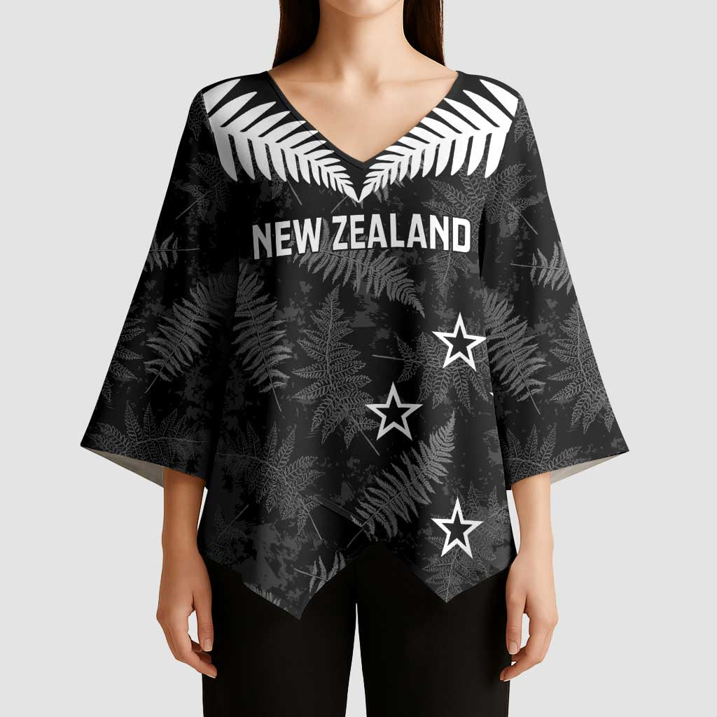 Custom New Zealand Silver Fern Football Kimono Sleeve Blouse Go Aotearoa Grunge Black - Polynesian Pride