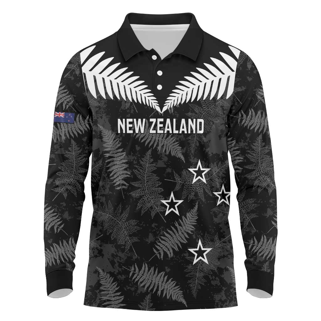 Custom New Zealand Silver Fern Football Long Sleeve Polo Shirt Go Aotearoa Grunge Black - Polynesian Pride