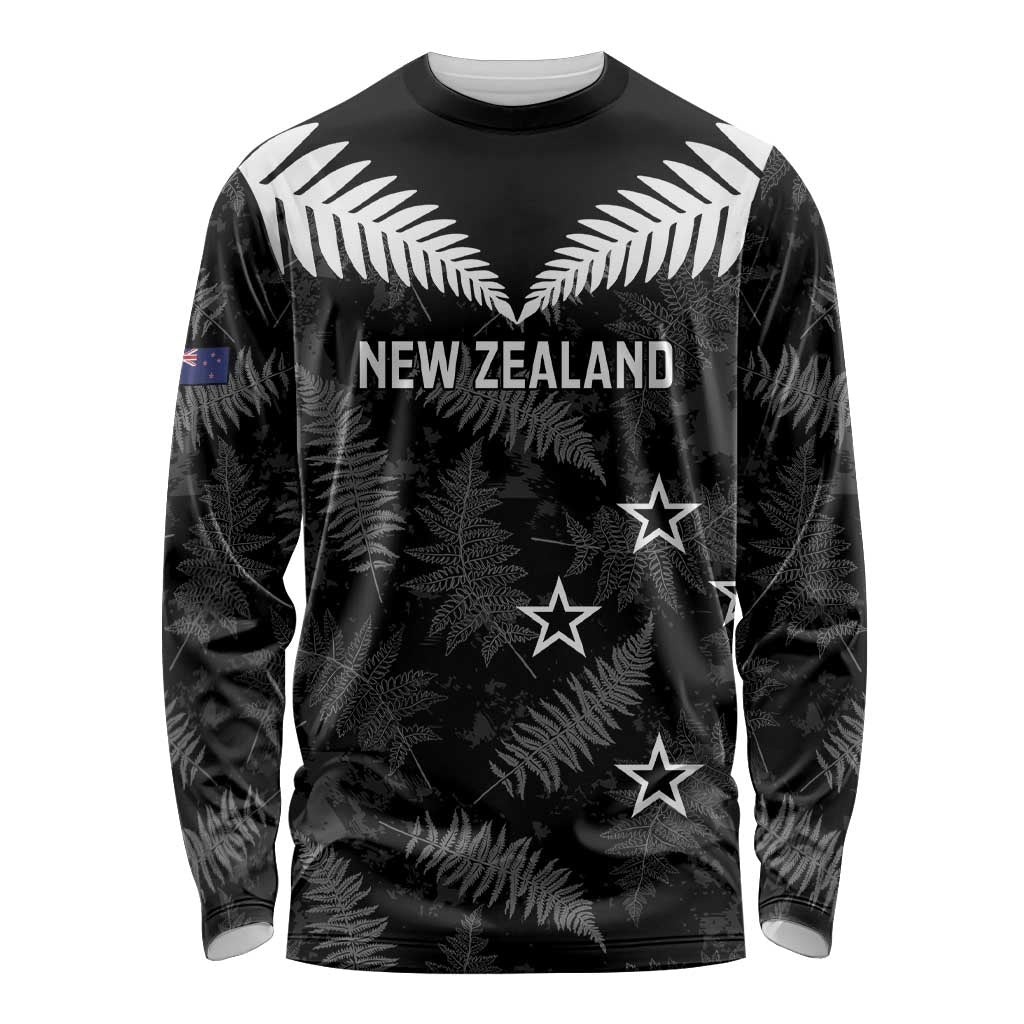 Custom New Zealand Silver Fern Football Long Sleeve Shirt Go Aotearoa Grunge Black - Polynesian Pride