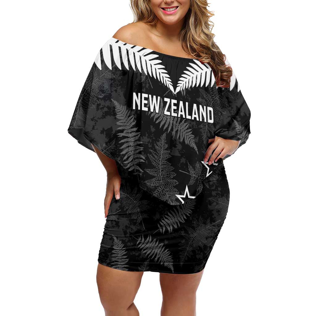 Custom New Zealand Silver Fern Football Off Shoulder Short Dress Go Aotearoa Grunge Black - Polynesian Pride