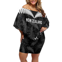 Custom New Zealand Silver Fern Football Off Shoulder Short Dress Go Aotearoa Grunge Black - Polynesian Pride