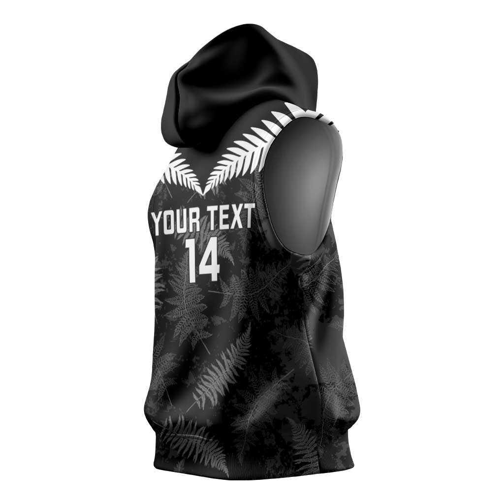 Custom New Zealand Silver Fern Football Sleeveless Hoodie Go Aotearoa Grunge Black - Polynesian Pride