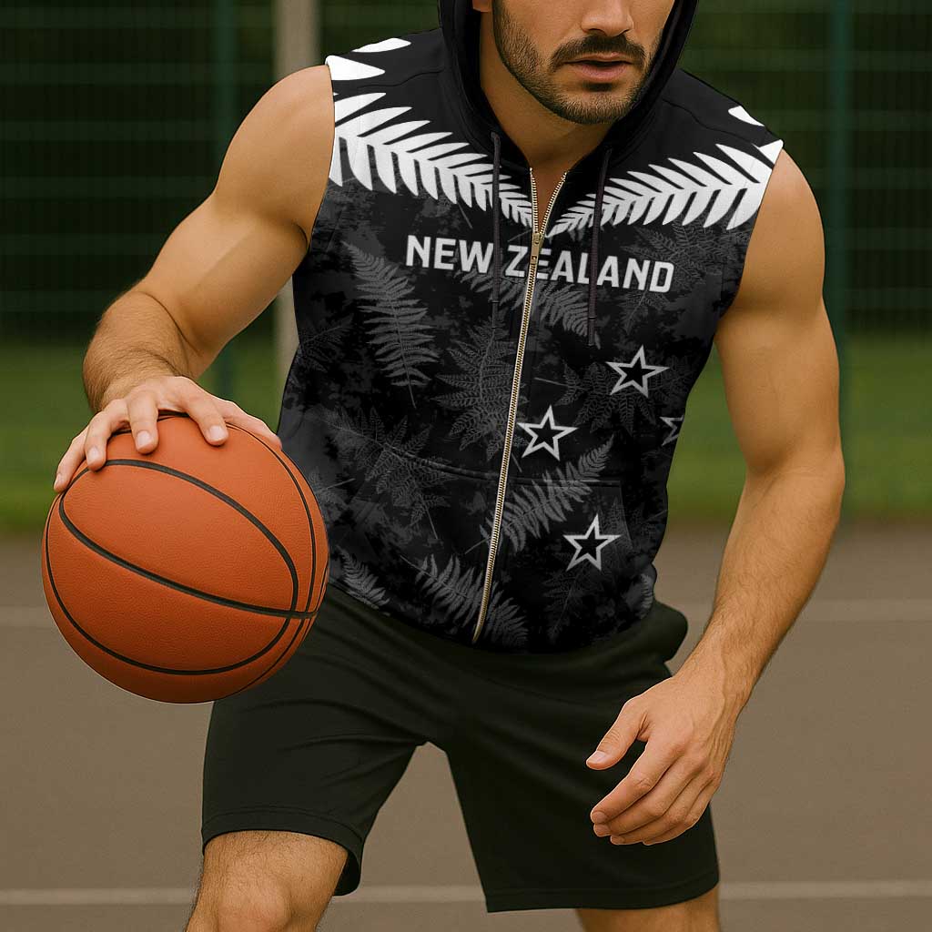Custom New Zealand Silver Fern Football Sleeveless Zip Hoodie Go Aotearoa Grunge Black - Polynesian Pride