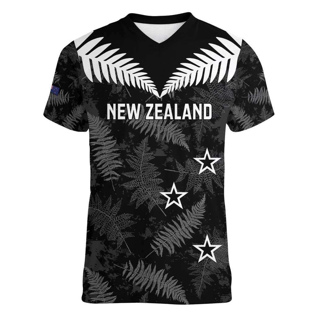 Custom New Zealand Silver Fern Football Women V-Neck T-Shirt Go Aotearoa Grunge Black - Polynesian Pride