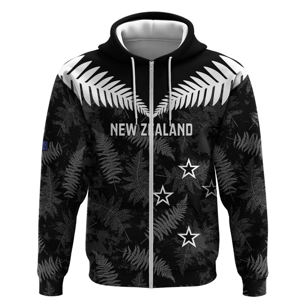 Custom New Zealand Silver Fern Football Zip Hoodie Go Aotearoa Grunge Black - Polynesian Pride