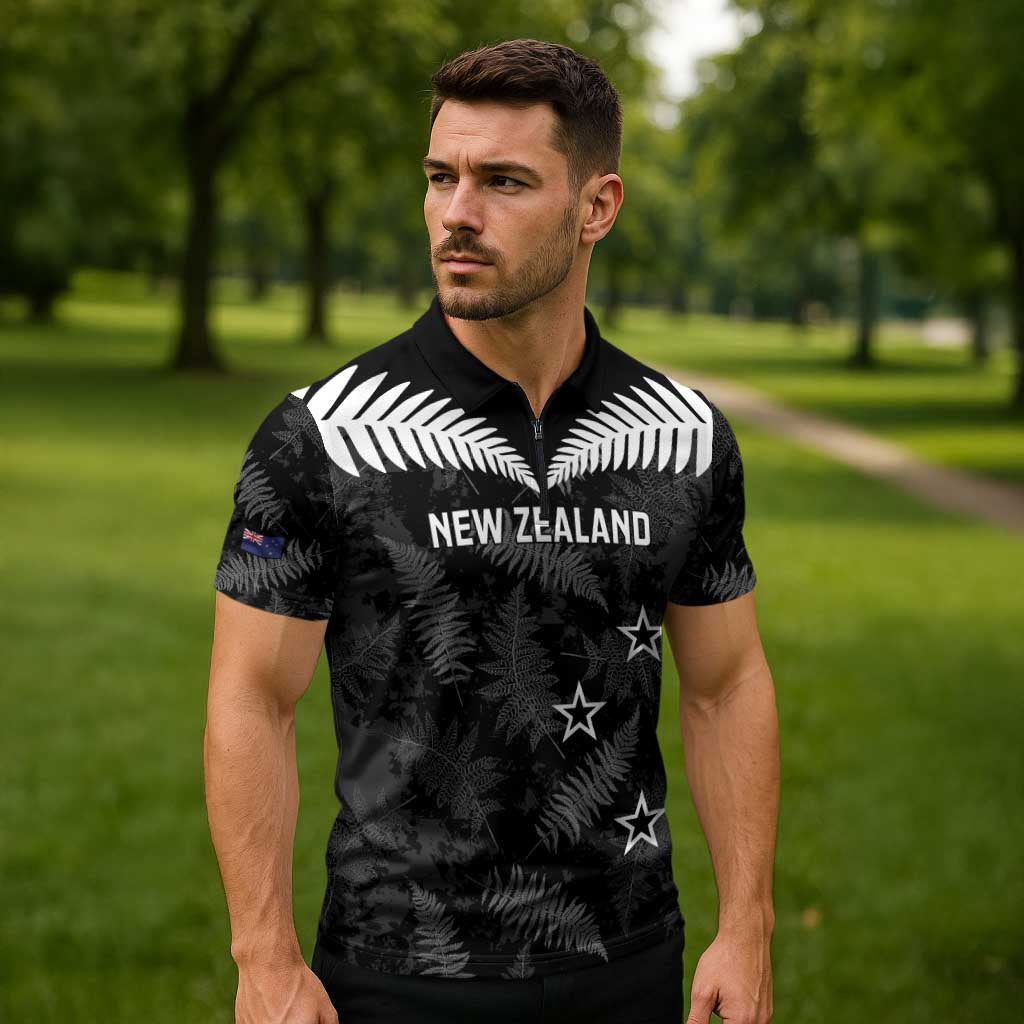 Custom New Zealand Silver Fern Football Zipper Polo Shirt Go Aotearoa Grunge Black - Polynesian Pride