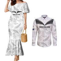 Custom New Zealand Silver Fern Football Couples Matching Mermaid Dress and Long Sleeve Button Shirt Go Aotearoa Grunge White - Polynesian Pride