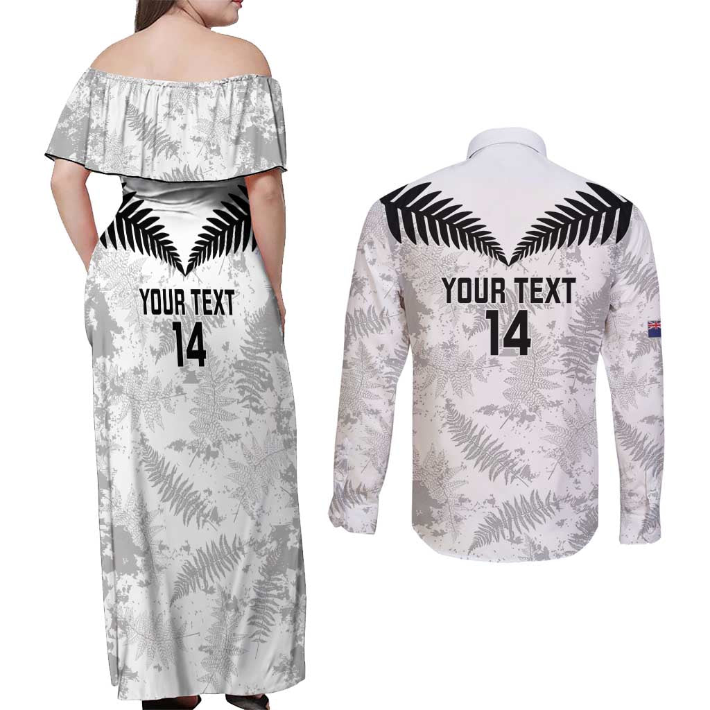 Custom New Zealand Silver Fern Football Couples Matching Off Shoulder Maxi Dress and Long Sleeve Button Shirt Go Aotearoa Grunge White - Polynesian Pride